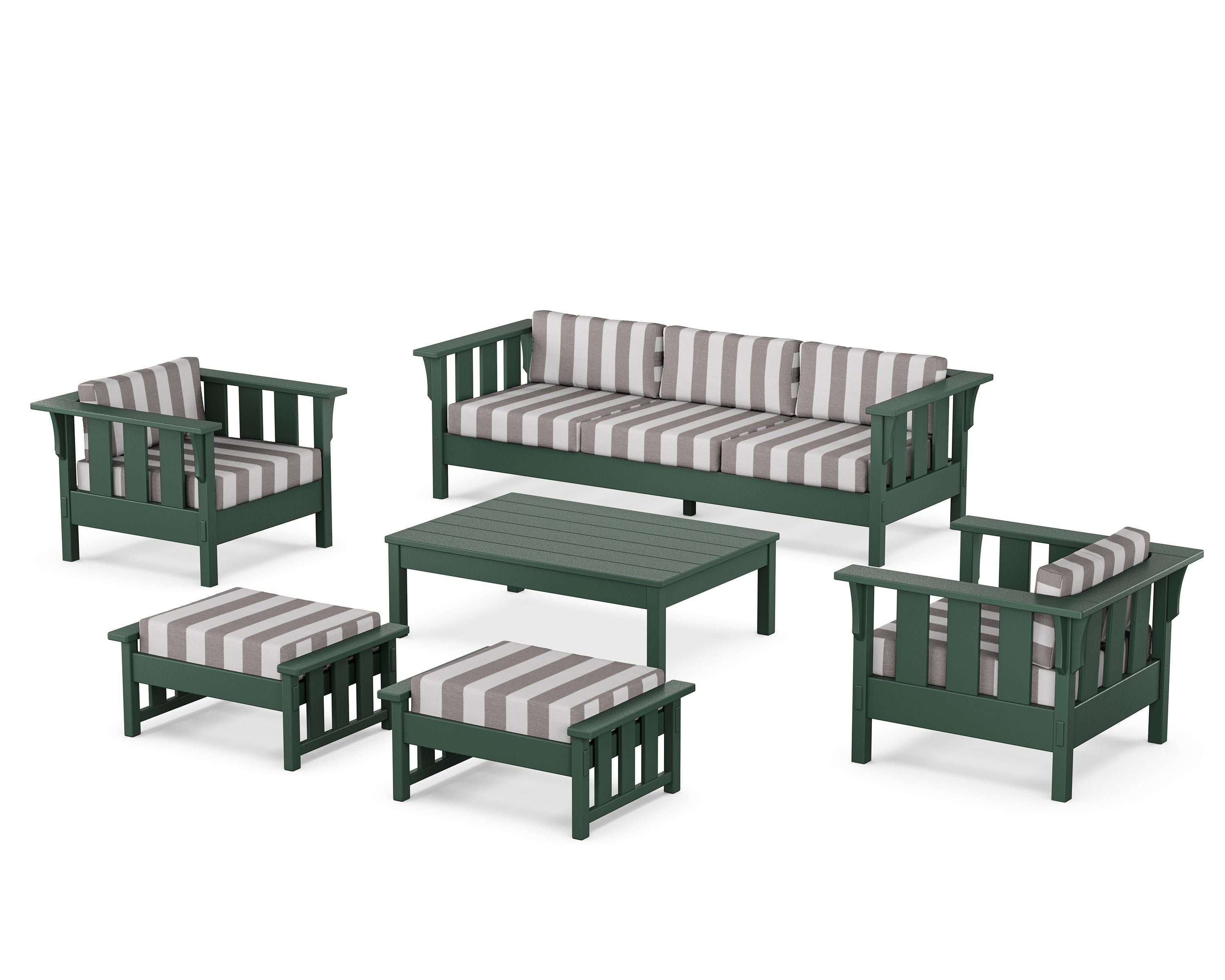 Martha Stewart by POLYWOOD® Acadia 6-Piece Lounge Sofa Set in Green / Cabana Stripe Grey Mist