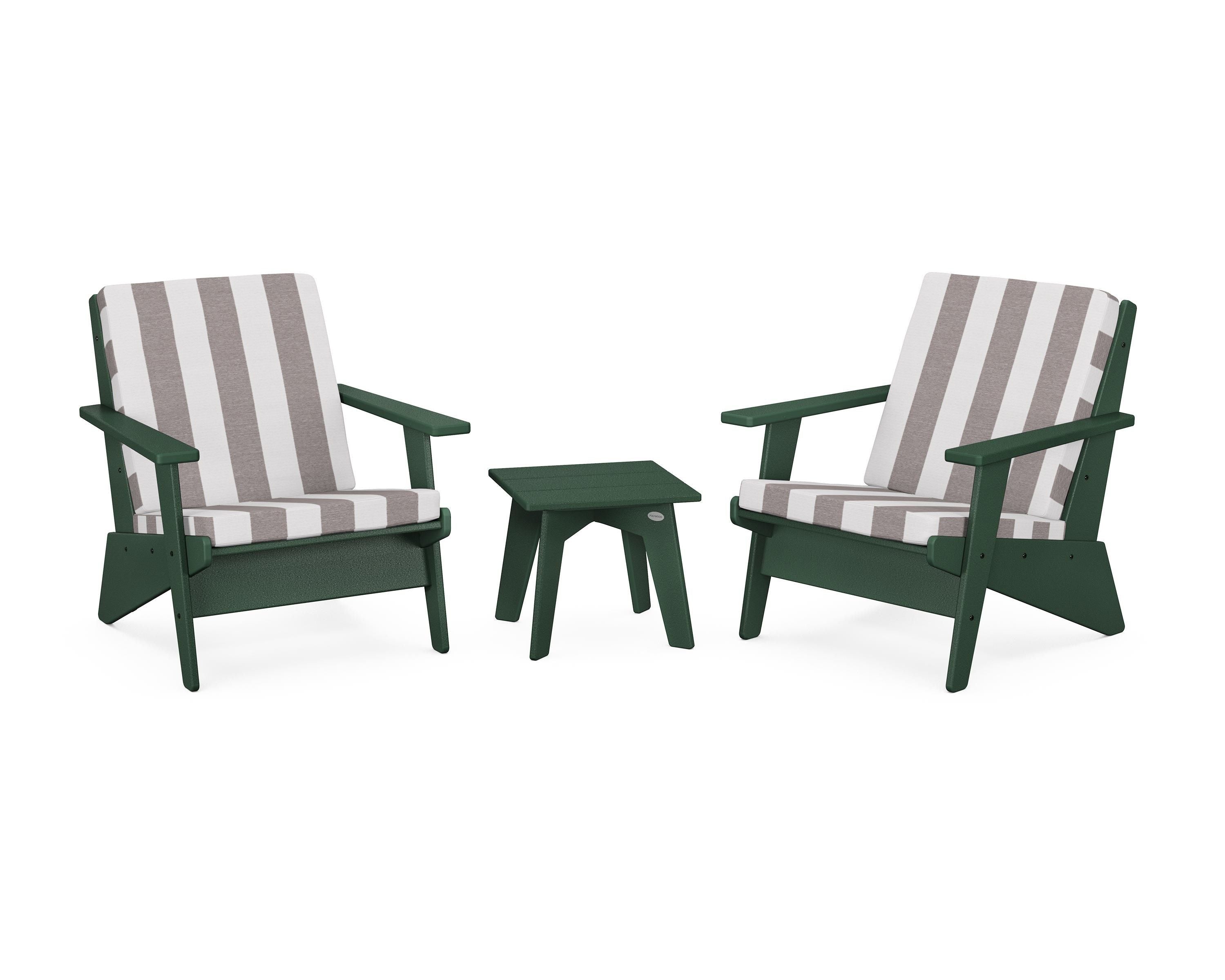 POLYWOOD® Riviera Modern Lounge 3-Piece Set in Green / Cabana Stripe Grey Mist