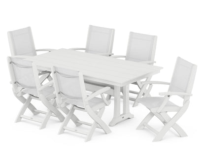 POLYWOOD® Coastal Folding Arm Chair 7-Piece Farmhouse Dining Set with Trestle Legs in White / White Sling