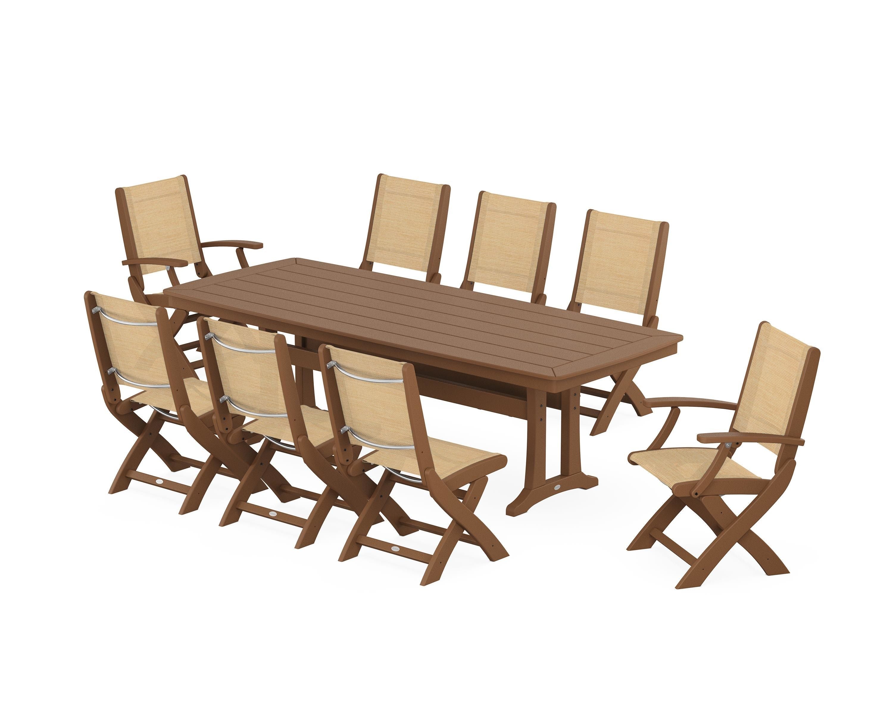 POLYWOOD® Coastal Folding 9-Piece Dining Set with Trestle Legs in Teak / Dupioni Apricot Sling