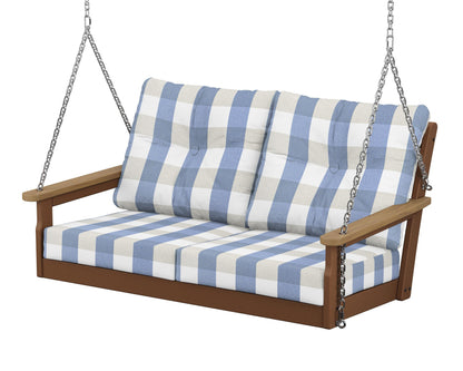 POLYWOOD® Vineyard Deep Seating Swing in Teak / Natural / Buffalo Plaid Sky Blue