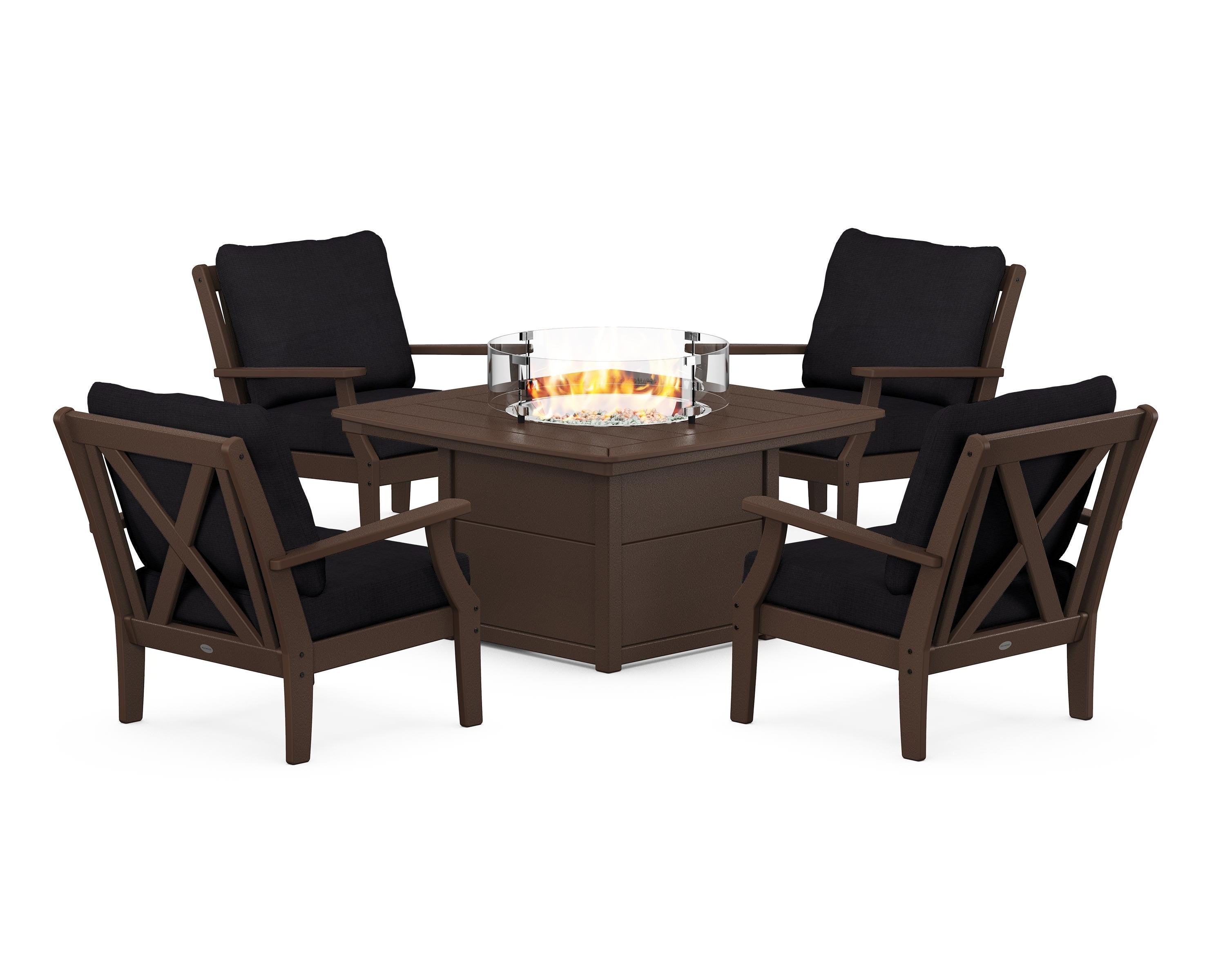 POLYWOOD® Braxton 5-Piece Deep Seating Conversation Set with Fire Pit Table in Mahogany / Midnight Linen