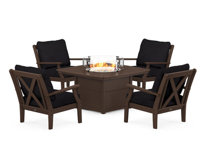 POLYWOOD® Braxton 5-Piece Deep Seating Conversation Set with Fire Pit Table in Mahogany / Midnight Linen