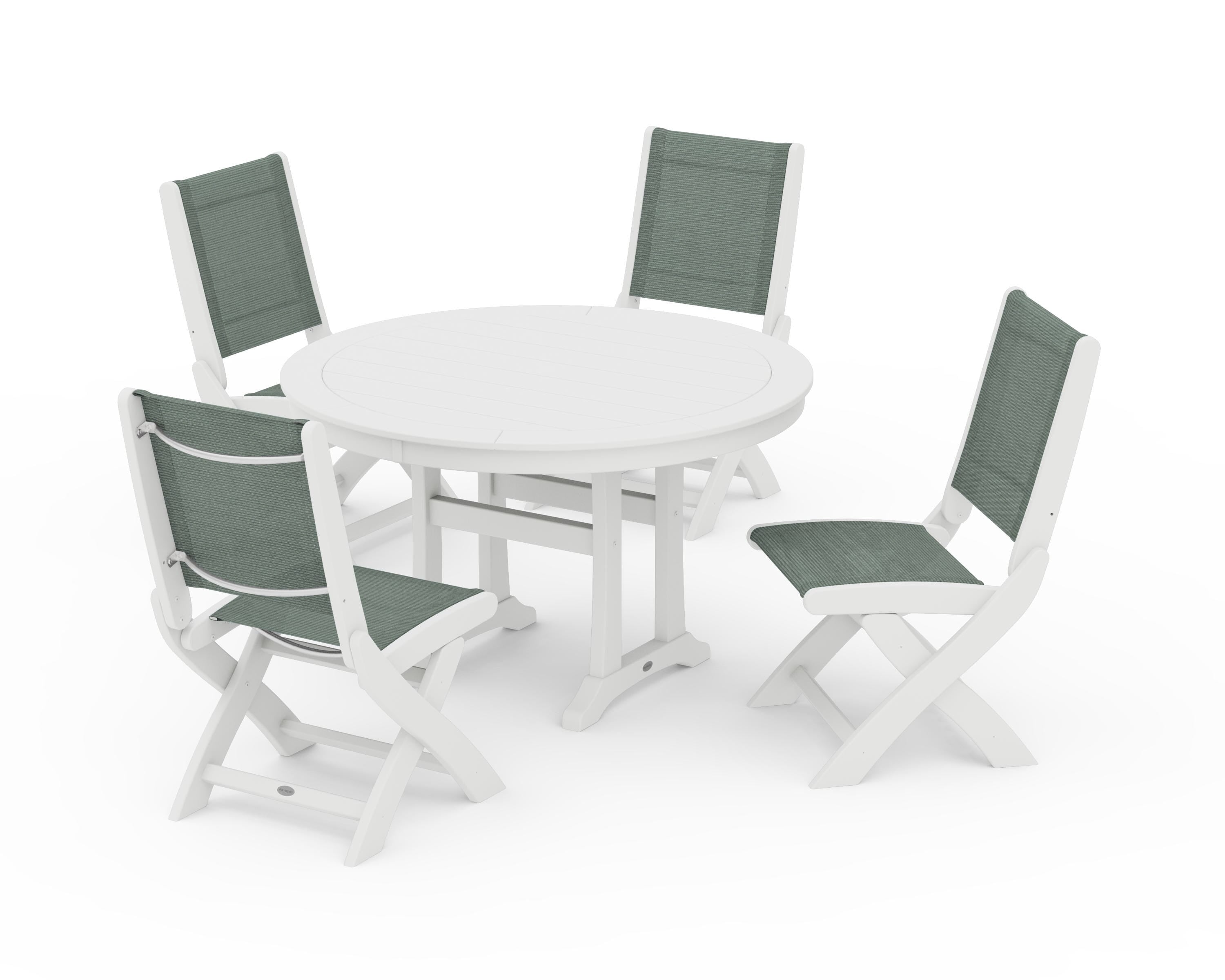 POLYWOOD® Coastal Folding Side Chair 5-Piece Round Dining Set With Trestle Legs in White / Dupioni Sea Mist Sling
