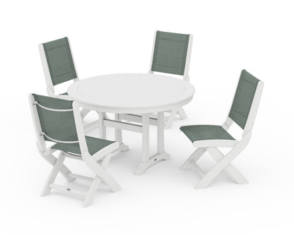POLYWOOD® Coastal Folding Side Chair 5-Piece Round Dining Set With Trestle Legs in White / Dupioni Sea Mist Sling