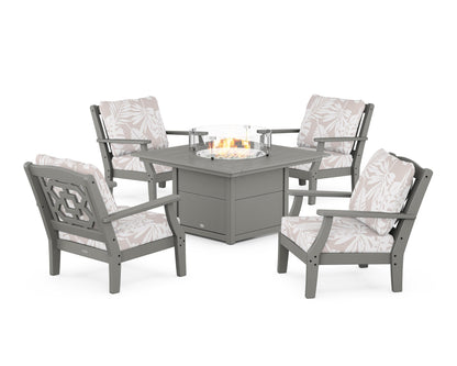 Martha Stewart by POLYWOOD® Chinoiserie 5-Piece Deep Seating Set with Fire Pit Table in Slate Grey / Leaf Dune Burlap