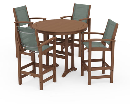 POLYWOOD® Coastal 5-Piece Nautical Trestle Bar Set in Teak / Dupioni Sea Mist Sling