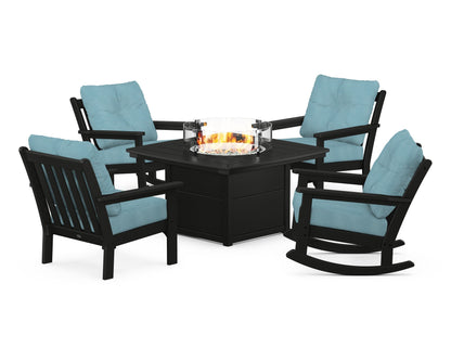 POLYWOOD® Vineyard 5-Piece Deep Seating Rocking Chair Conversation Set with Fire Pit Table in Black / Lattice Sky Blue