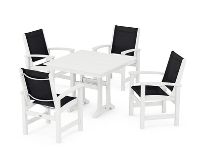 POLYWOOD® Coastal 5-Piece Farmhouse Dining Set With Trestle Legs in White / Black Sling