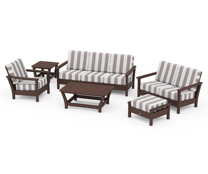 POLYWOOD® Harbour 6-Piece Outdoor Living Set in Mahogany / Cabana Stripe Grey Mist