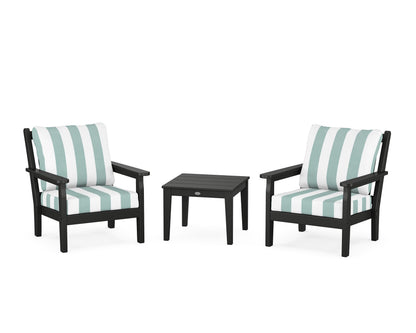 POLYWOOD® Chippendale 3-Piece Deep Seating Set in Black / Cabana Stripe Glacier Spa