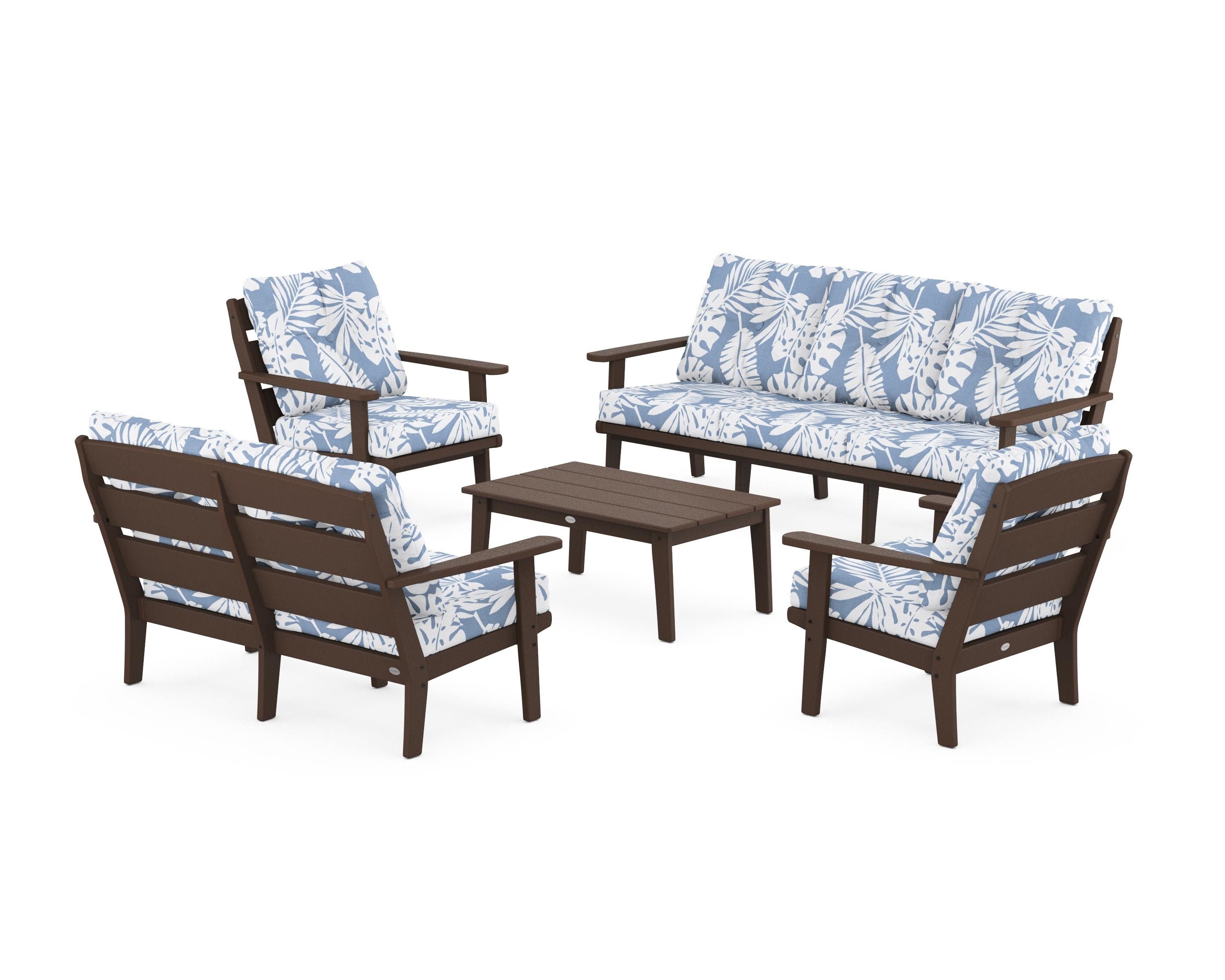 POLYWOOD® Lakeside 5-Piece Lounge Sofa Set in Mahogany / Leaf Sky Blue