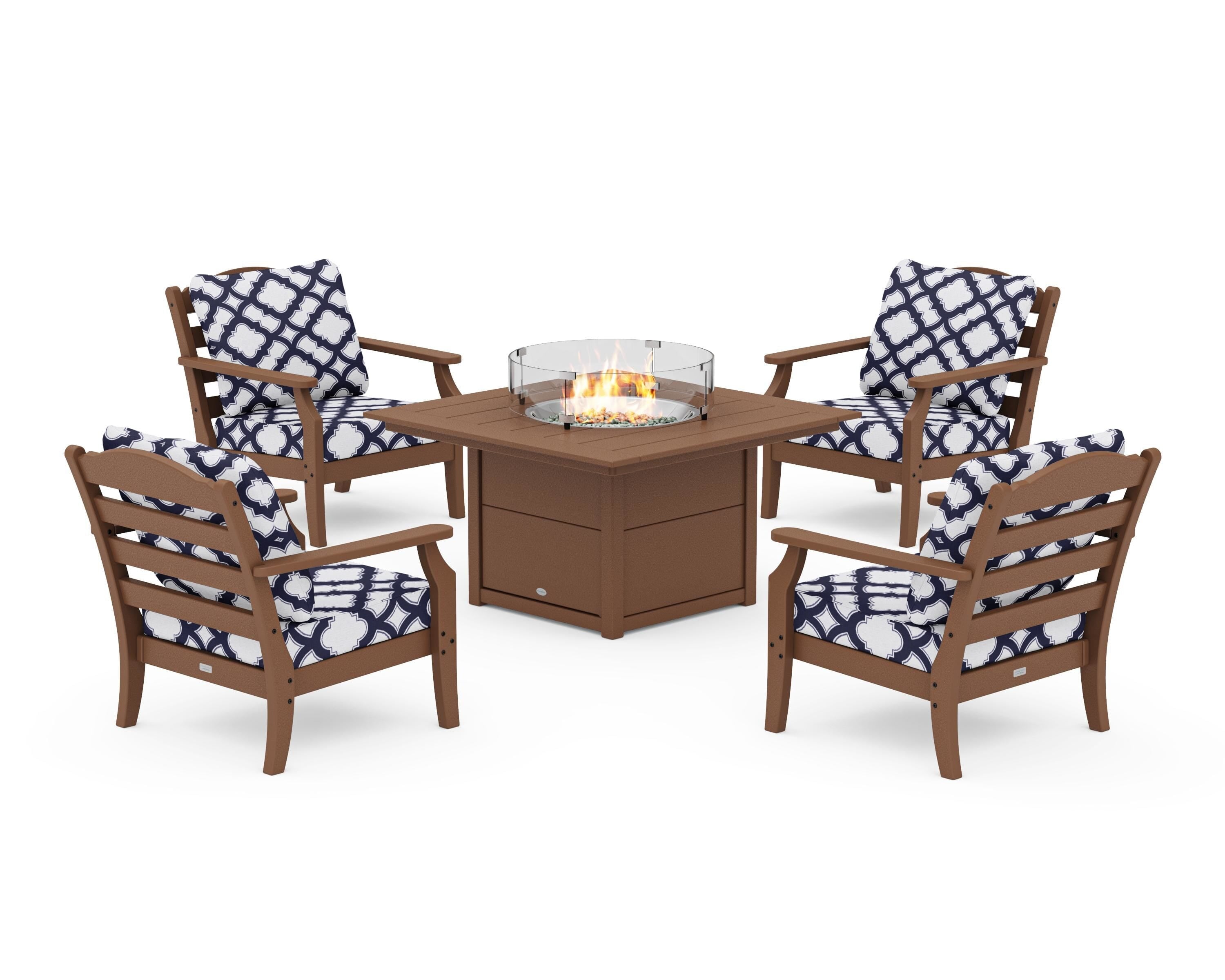 Draper James™ by  POLYWOOD® Savannah 5-Piece Deep Seating Set with Fire Pit Table in Teak / Trellis Navy