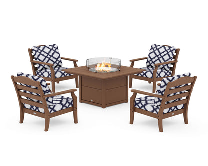 Draper James™ by  POLYWOOD® Savannah 5-Piece Deep Seating Set with Fire Pit Table in Teak / Trellis Navy