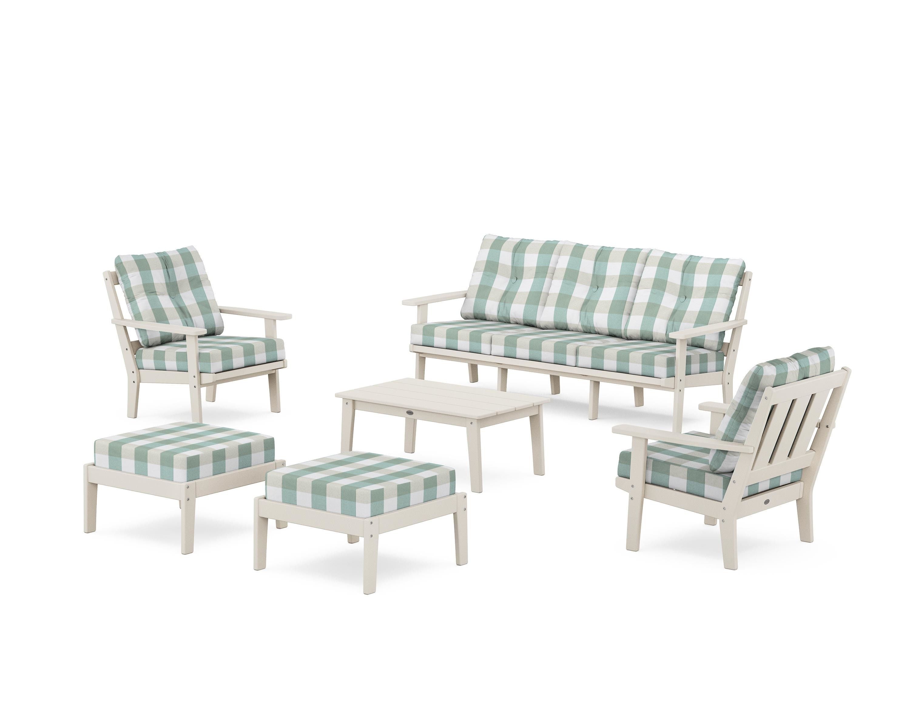POLYWOOD® Oxford 6-Piece Lounge Sofa Set in Sand / Buffalo Plaid Glacier Spa