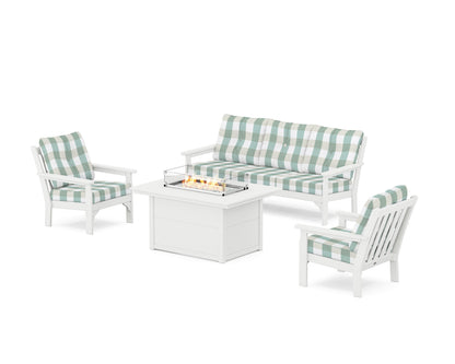 POLYWOOD® Vineyard Deep Seating Fire Pit Table Set in White / Buffalo Plaid Glacier Spa