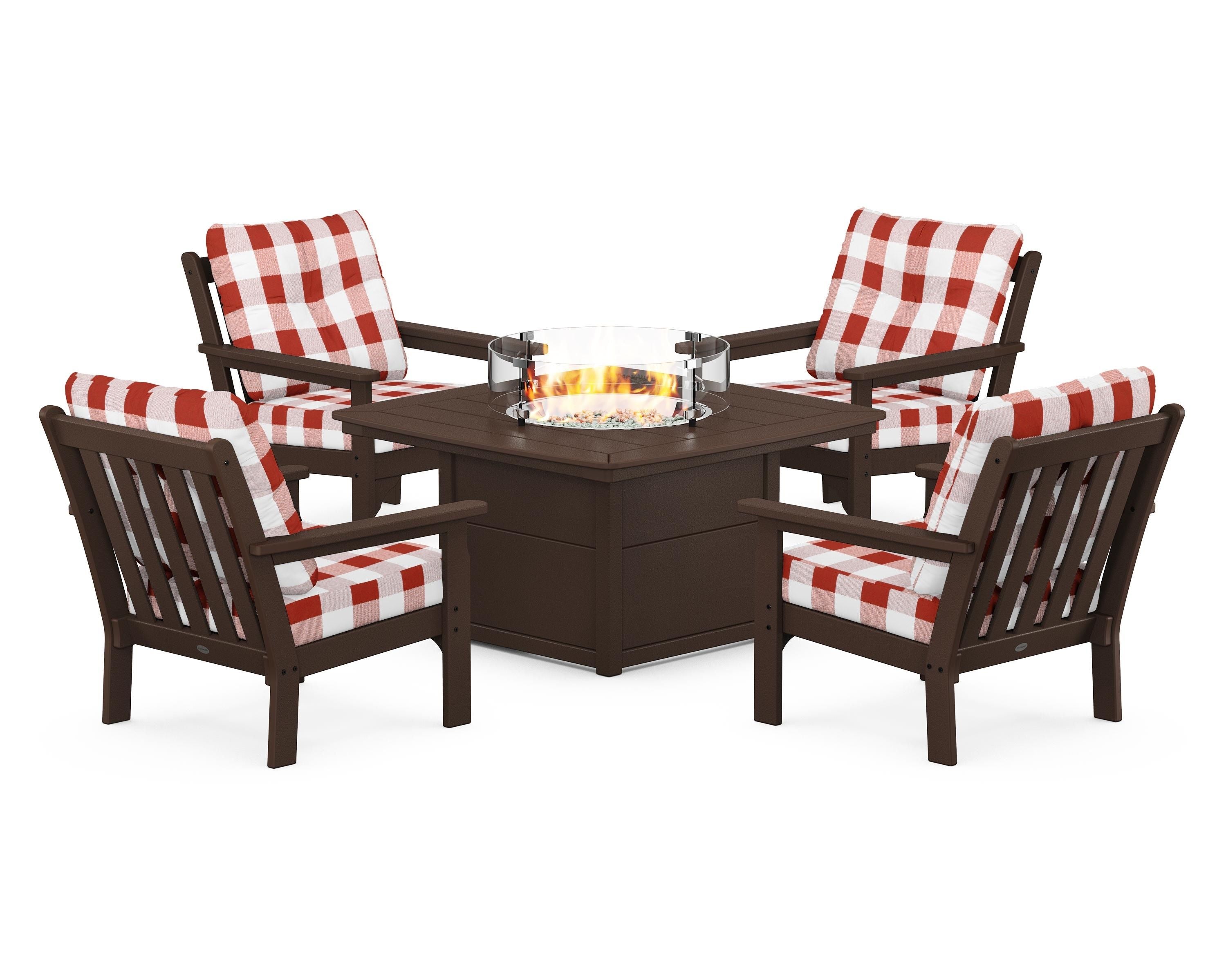 POLYWOOD® Vineyard 5-Piece Conversation Set with Fire Pit Table in Mahogany / Buffalo Plaid Crimson