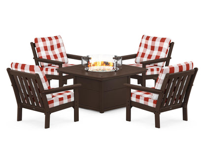 POLYWOOD® Vineyard 5-Piece Conversation Set with Fire Pit Table in Mahogany / Buffalo Plaid Crimson