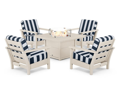 POLYWOOD® Harbour 5-Piece Conversation Set with Fire Pit Table in Sand / Cabana Stripe Marine Indigo