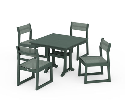 POLYWOOD® EDGE Sling 5-Piece Farmhouse Trestle Side Chair Dining Set in Green / Dupioni Sea Mist Sling