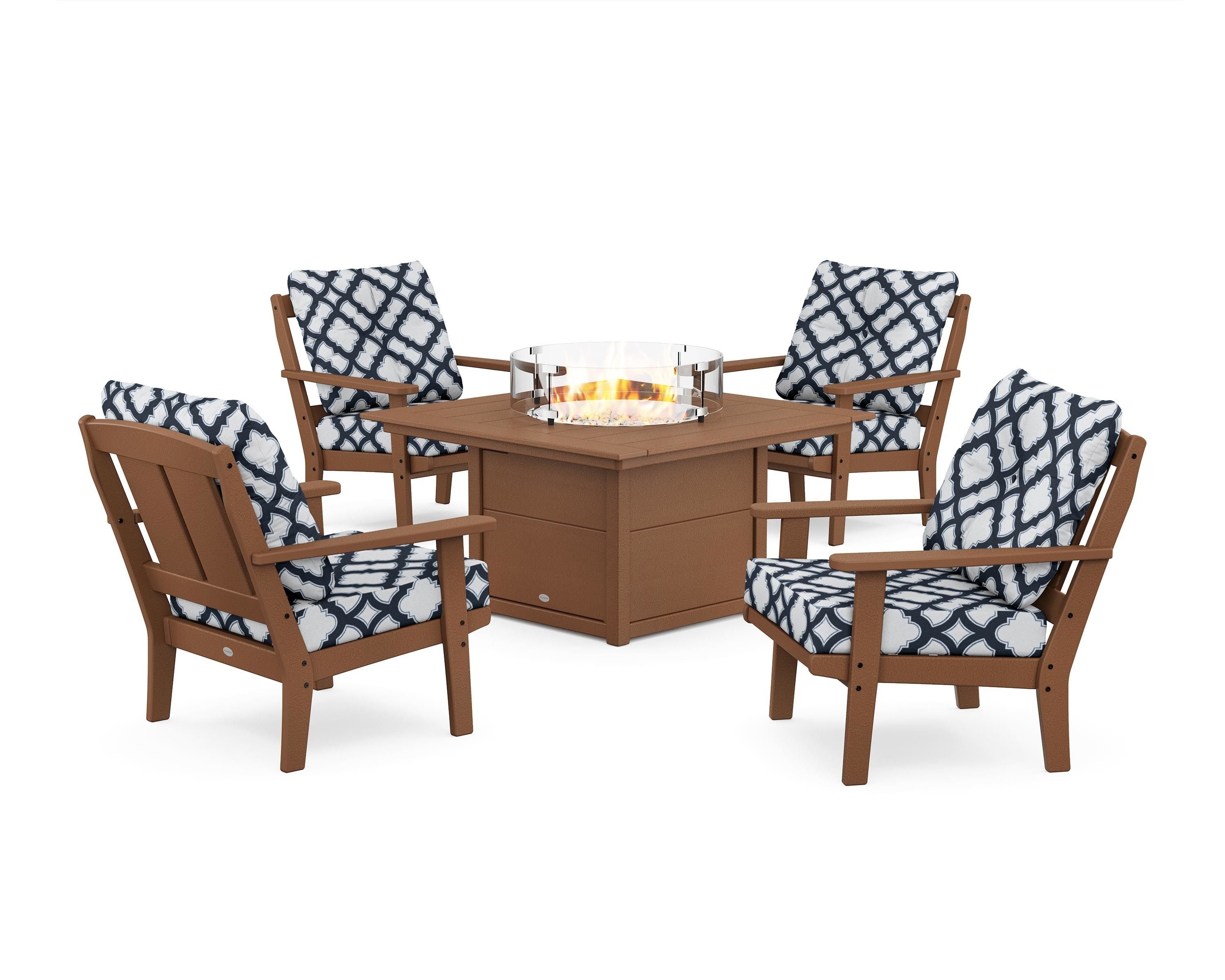 POLYWOOD® Mission 5-Piece Deep Seating Set with Fire Pit Table in Teak / Trellis Marine Indigo