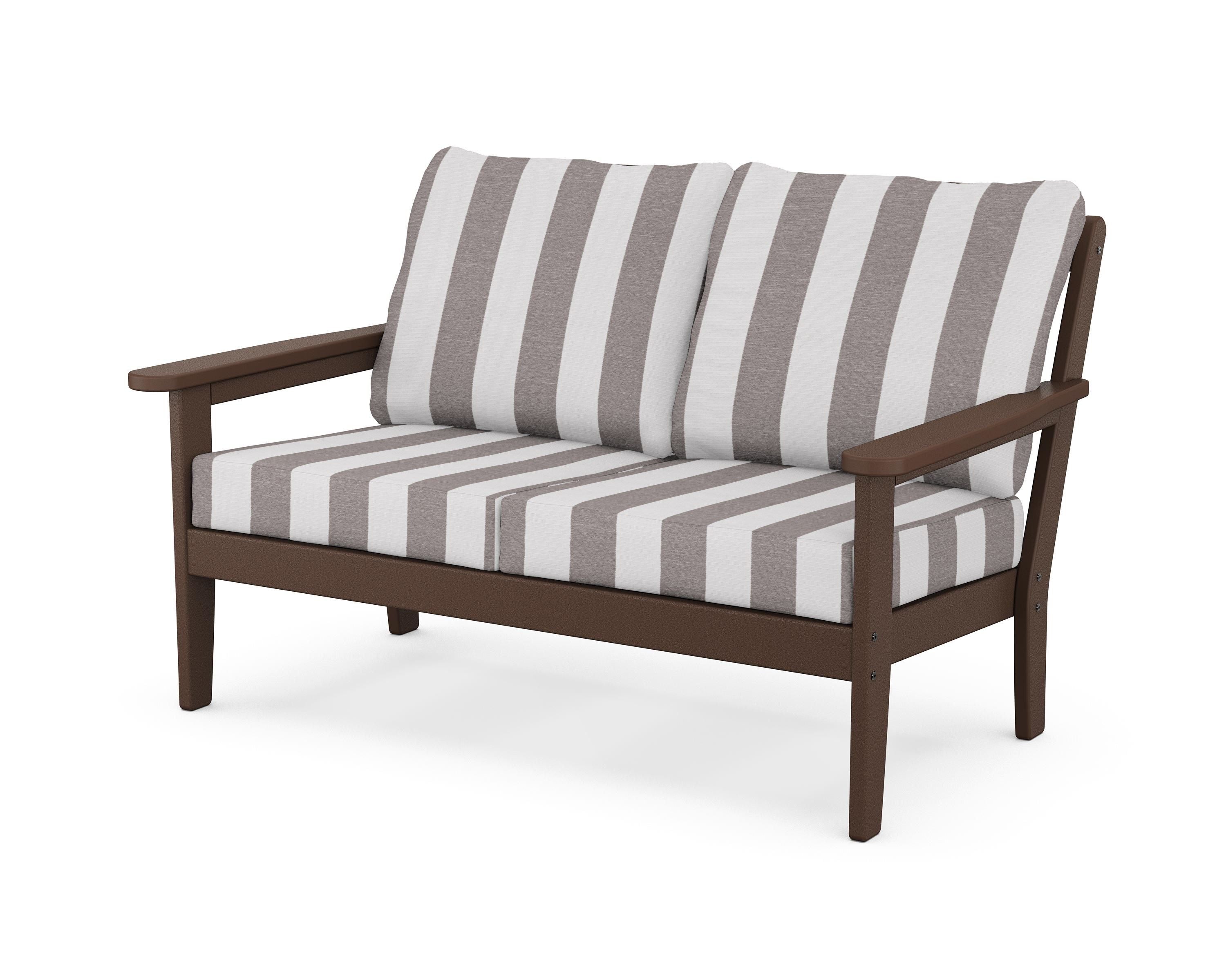 Country Living Cottage Deep Seating Loveseat in Mahogany / Cabana Stripe Grey Mist