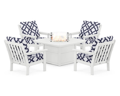 POLYWOOD® Vineyard 5-Piece Conversation Set with Fire Pit Table in White / Trellis Navy