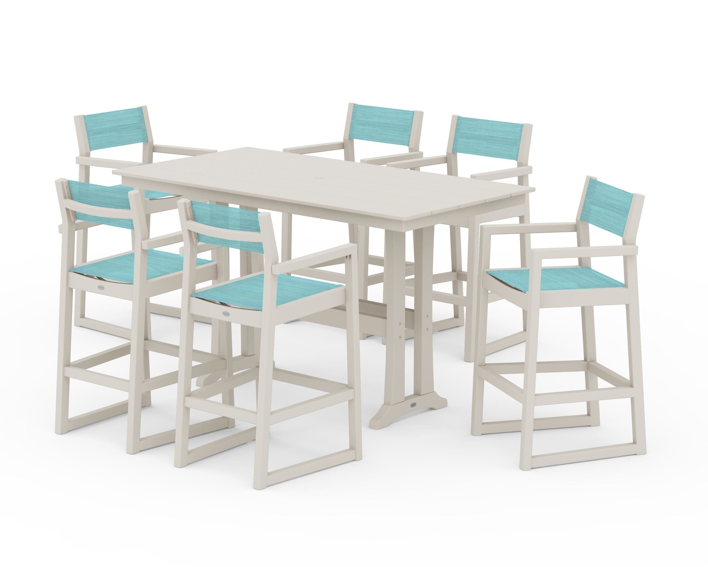 POLYWOOD® EDGE Sling Arm Chair 7-Piece Farmhouse Bar Set with Trestle Legs in Sand / Dupioni Aquamarine Sling