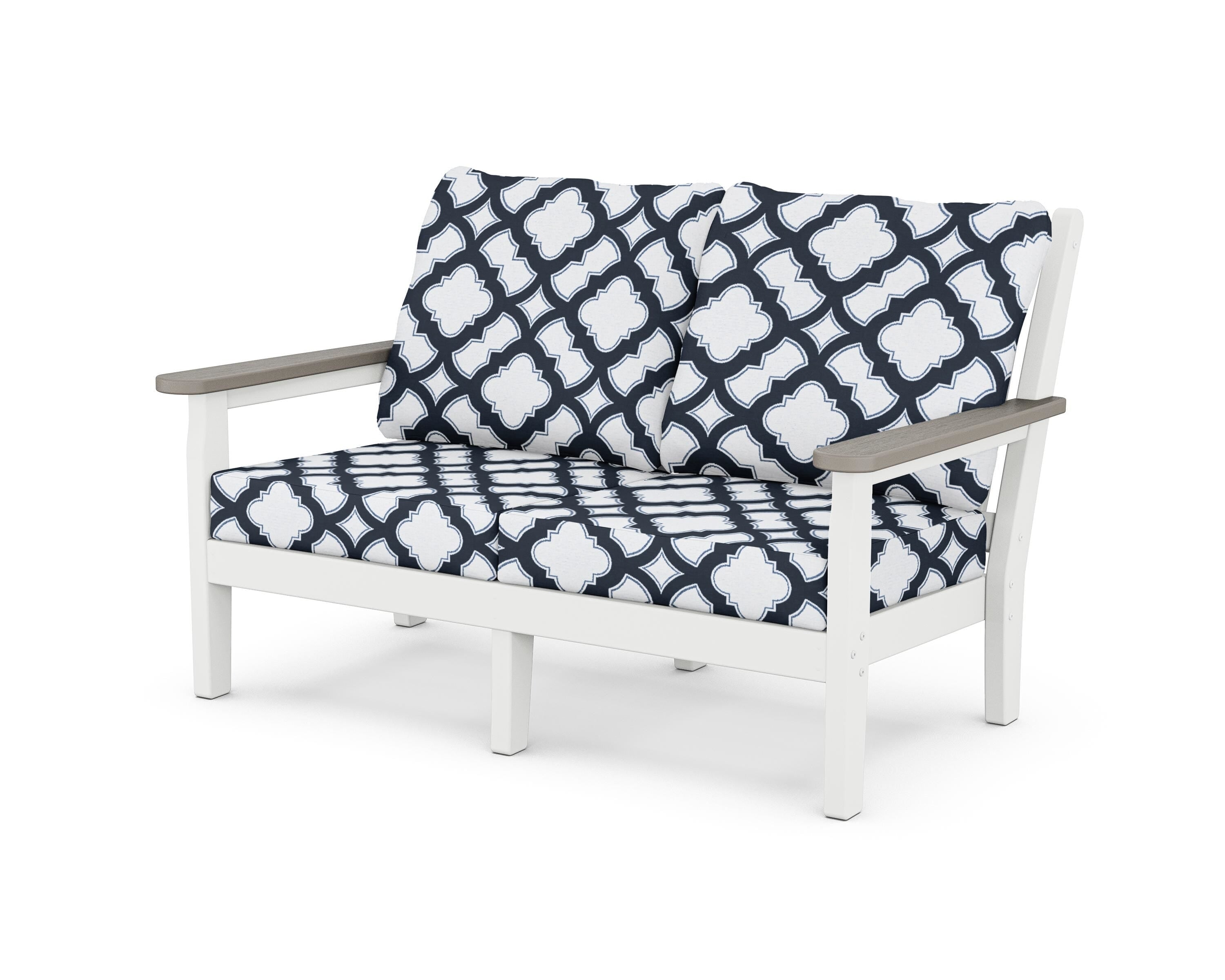 POLYWOOD® Chippendale Deep Seating Loveseat in White / Driftwood / Trellis Marine Indigo
