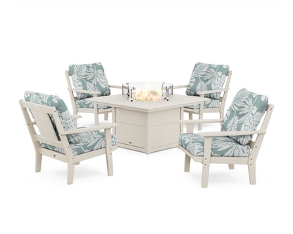 POLYWOOD® Prairie 5-Piece Deep Seating Set with Fire Pit Table in Sand / Leaf Glacier Spa
