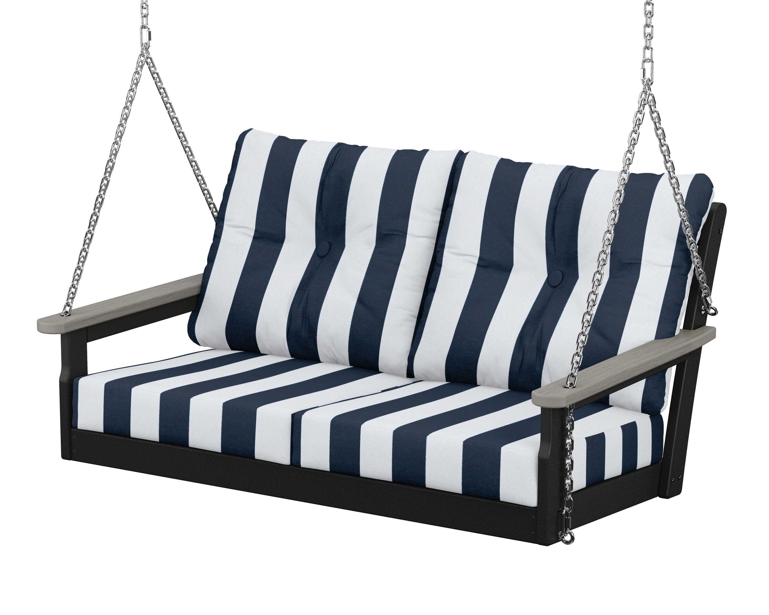 POLYWOOD® Vineyard Deep Seating Swing in Black / Driftwood / Cabana Stripe Marine Indigo