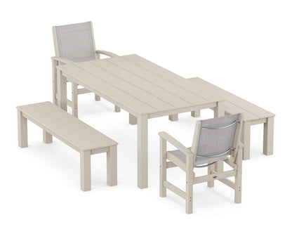 POLYWOOD® Coastal 5-Piece Parsons Dining Set with Benches in Sand / Parchment Sling