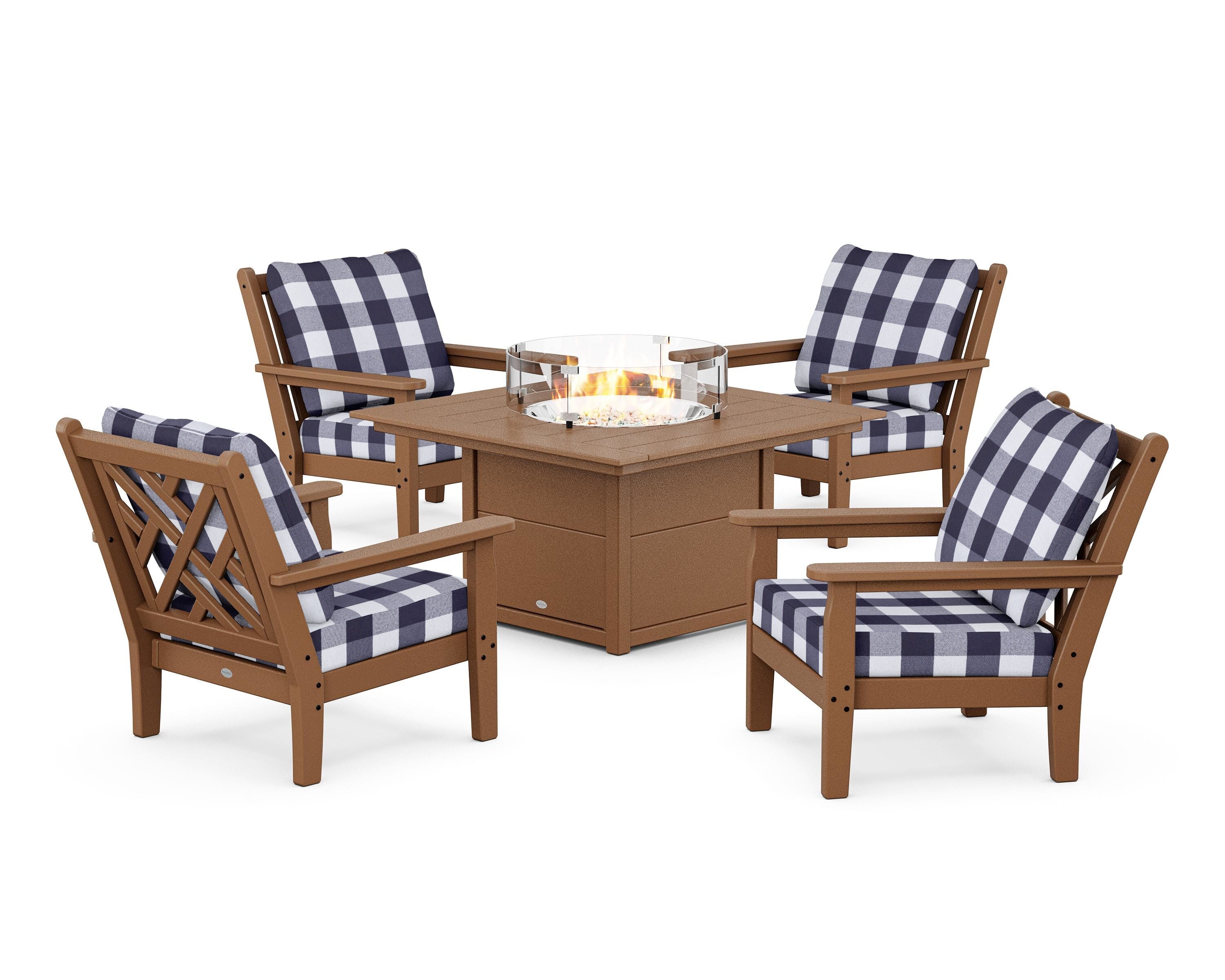 POLYWOOD® Chippendale 5-Piece Deep Seating Set with Fire Pit Table in Teak / Buffalo Plaid Navy