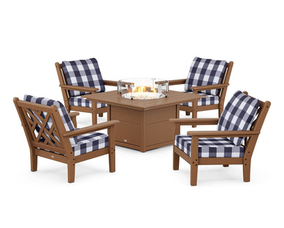 POLYWOOD® Chippendale 5-Piece Deep Seating Set with Fire Pit Table in Teak / Buffalo Plaid Navy