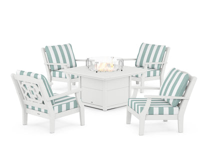 Martha Stewart by POLYWOOD® Chinoiserie 5-Piece Deep Seating Set with Fire Pit Table in White / Cabana Stripe Glacier Spa