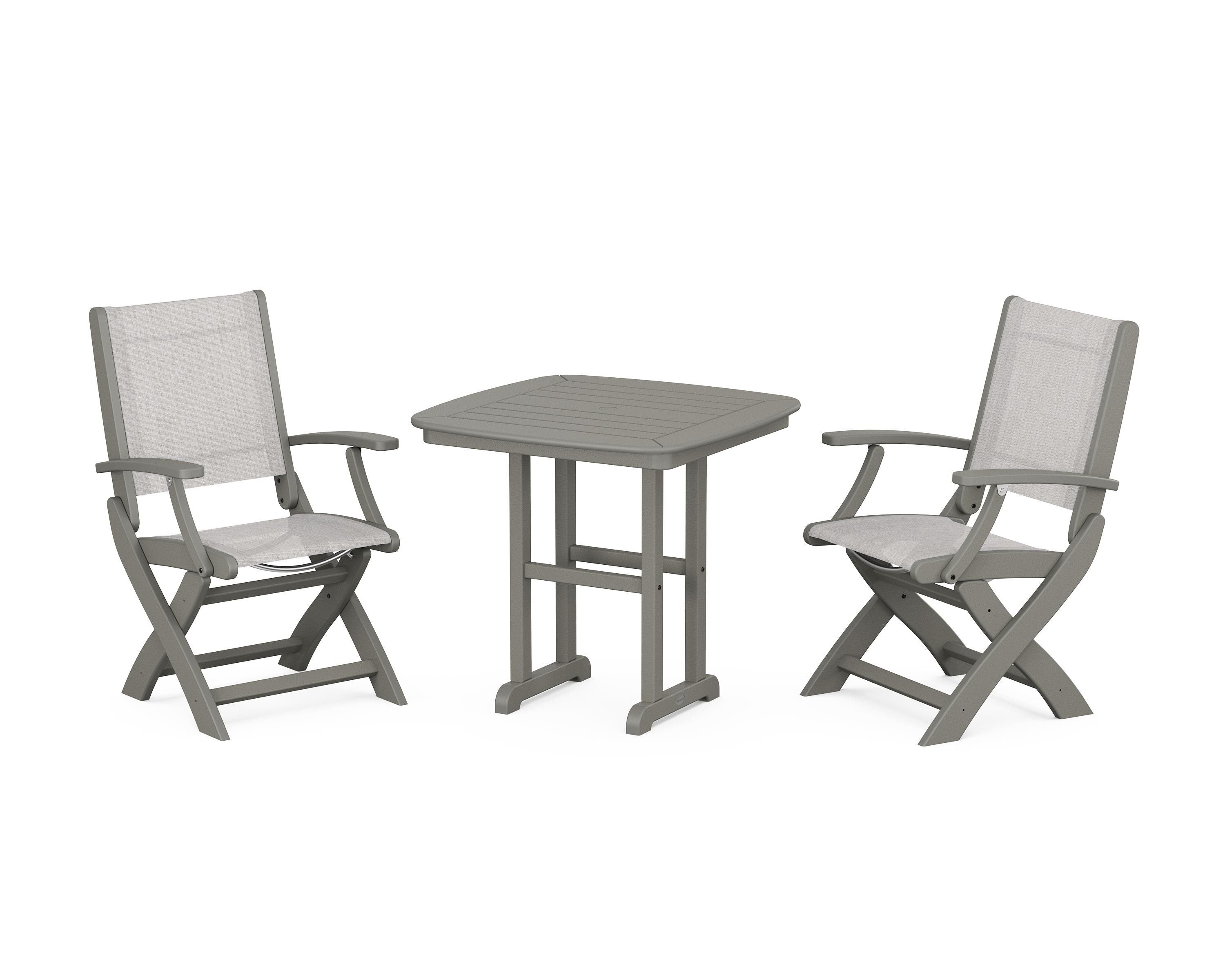 POLYWOOD® Coastal Folding Chair 3-Piece Dining Set in Slate Grey / Parchment Sling