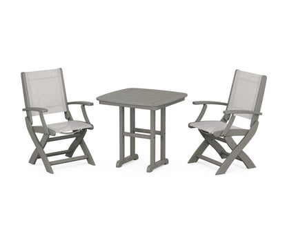 POLYWOOD® Coastal Folding Chair 3-Piece Dining Set in Slate Grey / Parchment Sling