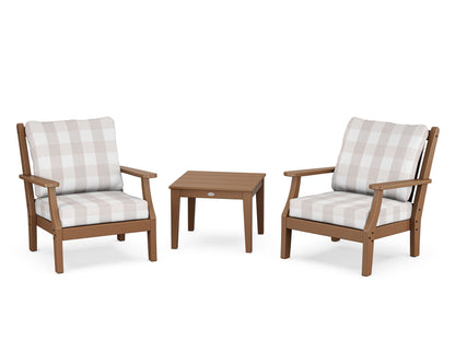 Country Living Wovendale 3-Piece Deep Seating Set in Teak / Buffalo Plaid Dune Burlap