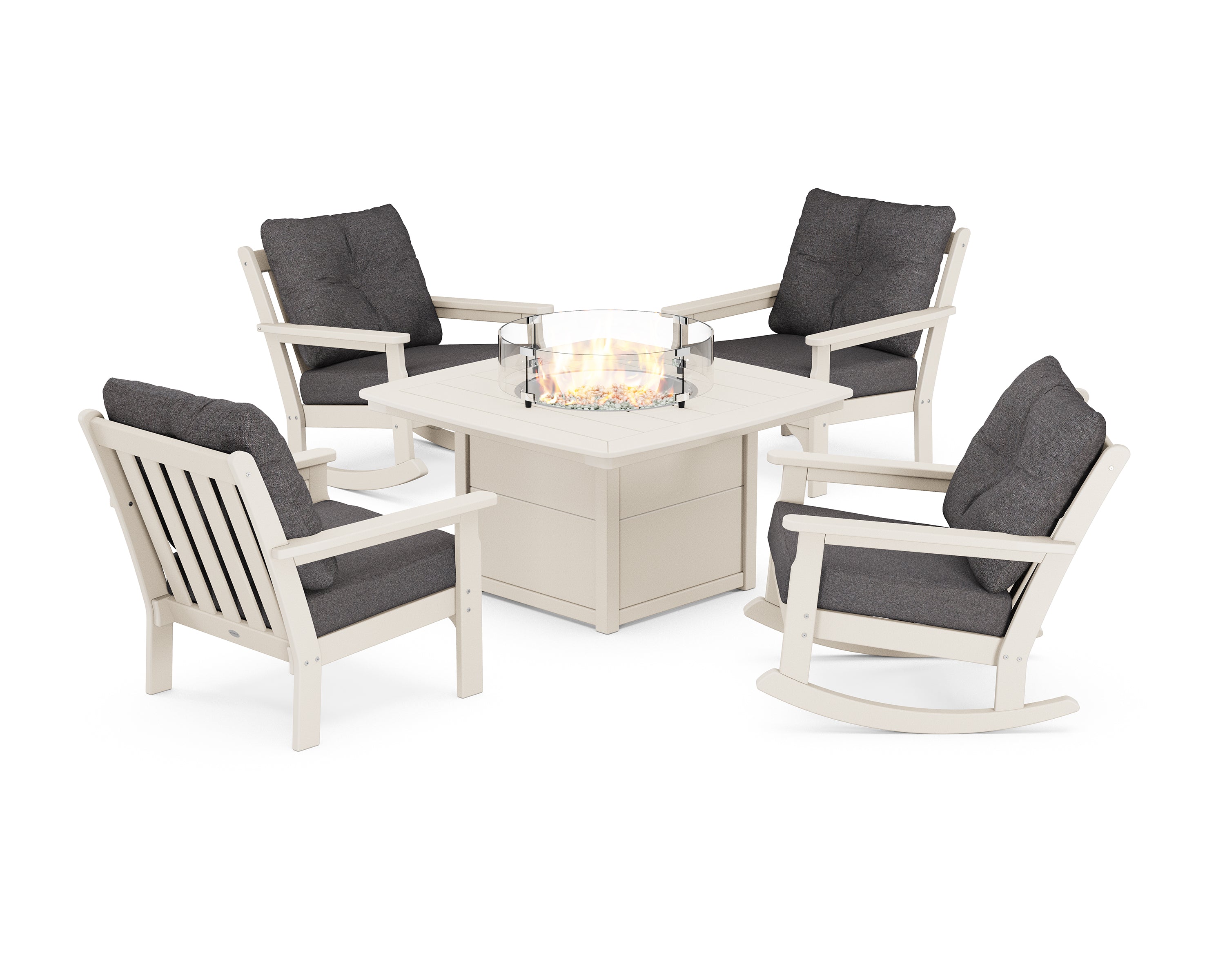 POLYWOOD® Vineyard 5-Piece Deep Seating Rocking Chair Conversation Set with Fire Pit Table in Sand / Ash Charcoal