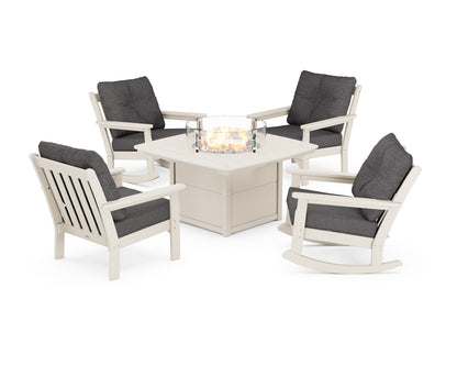 POLYWOOD® Vineyard 5-Piece Deep Seating Rocking Chair Conversation Set with Fire Pit Table in Sand / Ash Charcoal