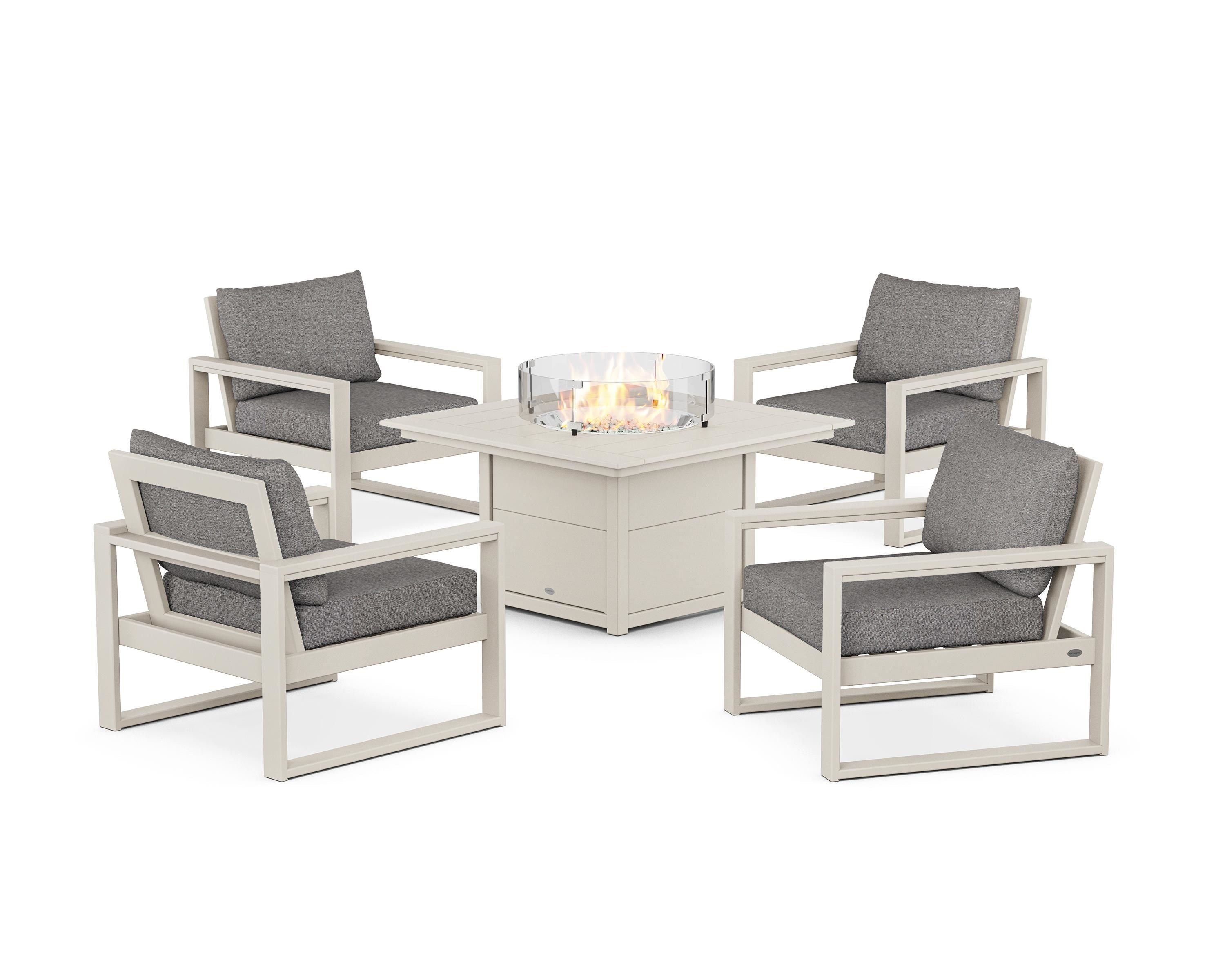 POLYWOOD® EDGE Sectional 5-Piece Deep Seating Set with Fire Pit Table in Sand / Grey Mist