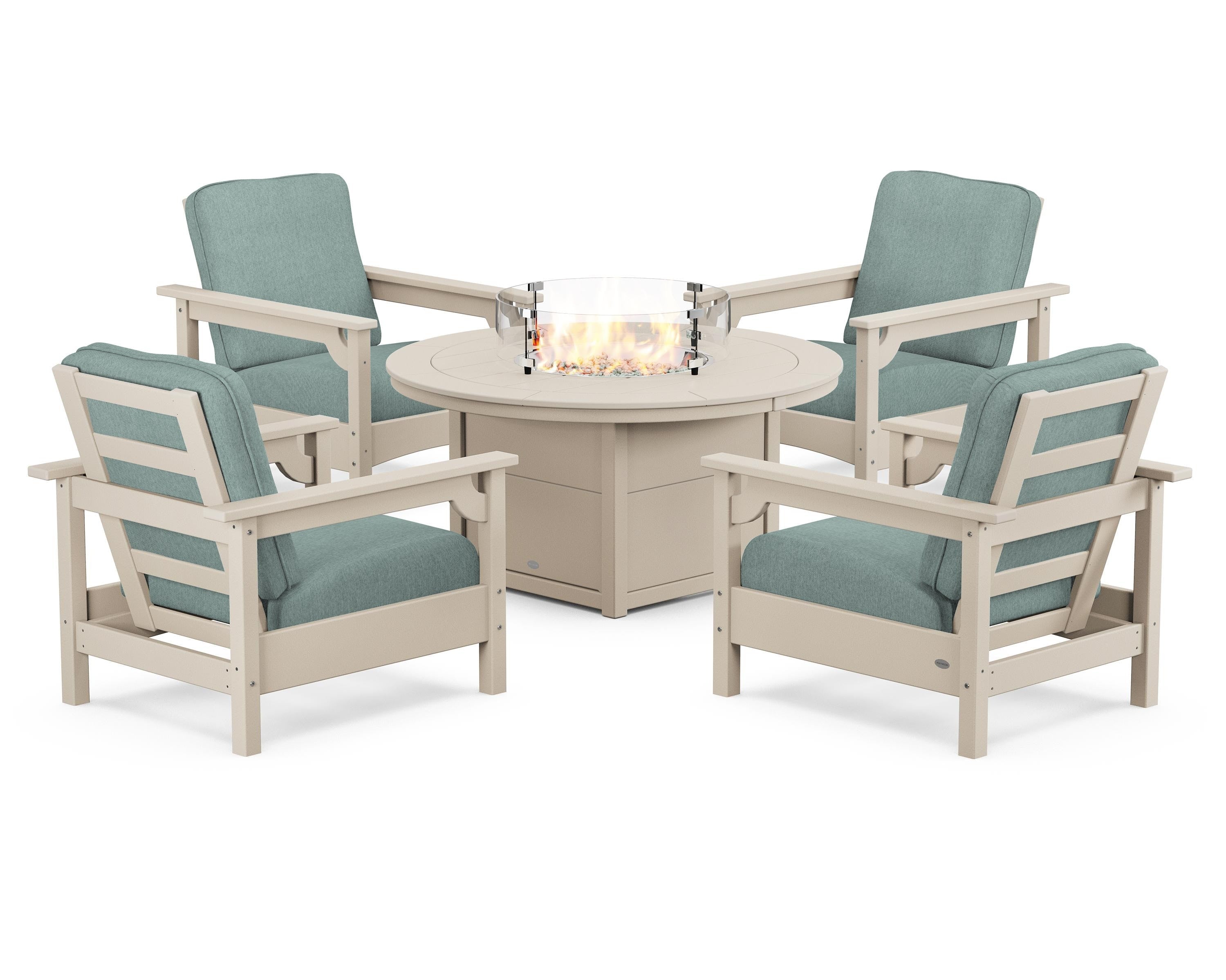 POLYWOOD® Club 5-Piece Conversation Set with Fire Pit Table in Sand / Glacier Spa