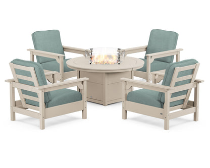 POLYWOOD® Club 5-Piece Conversation Set with Fire Pit Table in Sand / Glacier Spa