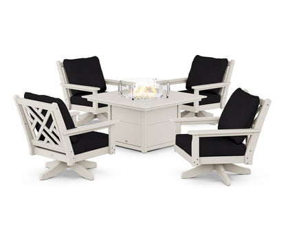 POLYWOOD® Chippendale 5-Piece Deep Seating Swivel Conversation Set with Fire Pit Table in Sand / Midnight Linen