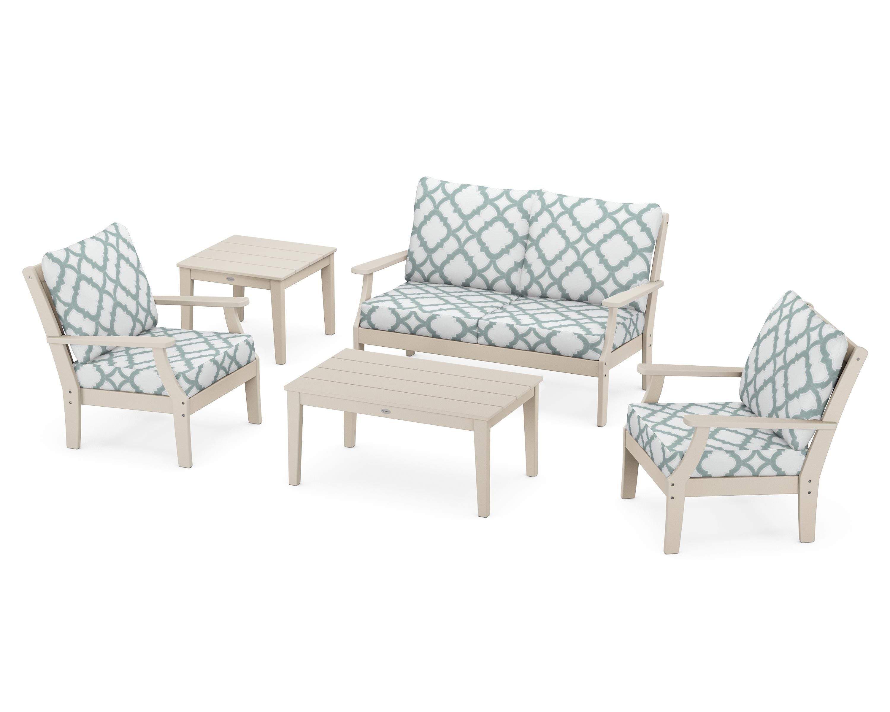 POLYWOOD® Braxton 5-Piece Deep Seating Set in Sand / Trellis Glacier Spa