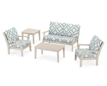POLYWOOD® Braxton 5-Piece Deep Seating Set in Sand / Trellis Glacier Spa