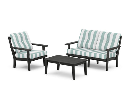 POLYWOOD® Oxford 3-Piece Deep Seating Set with Loveseat in Black / Cabana Stripe Glacier Spa