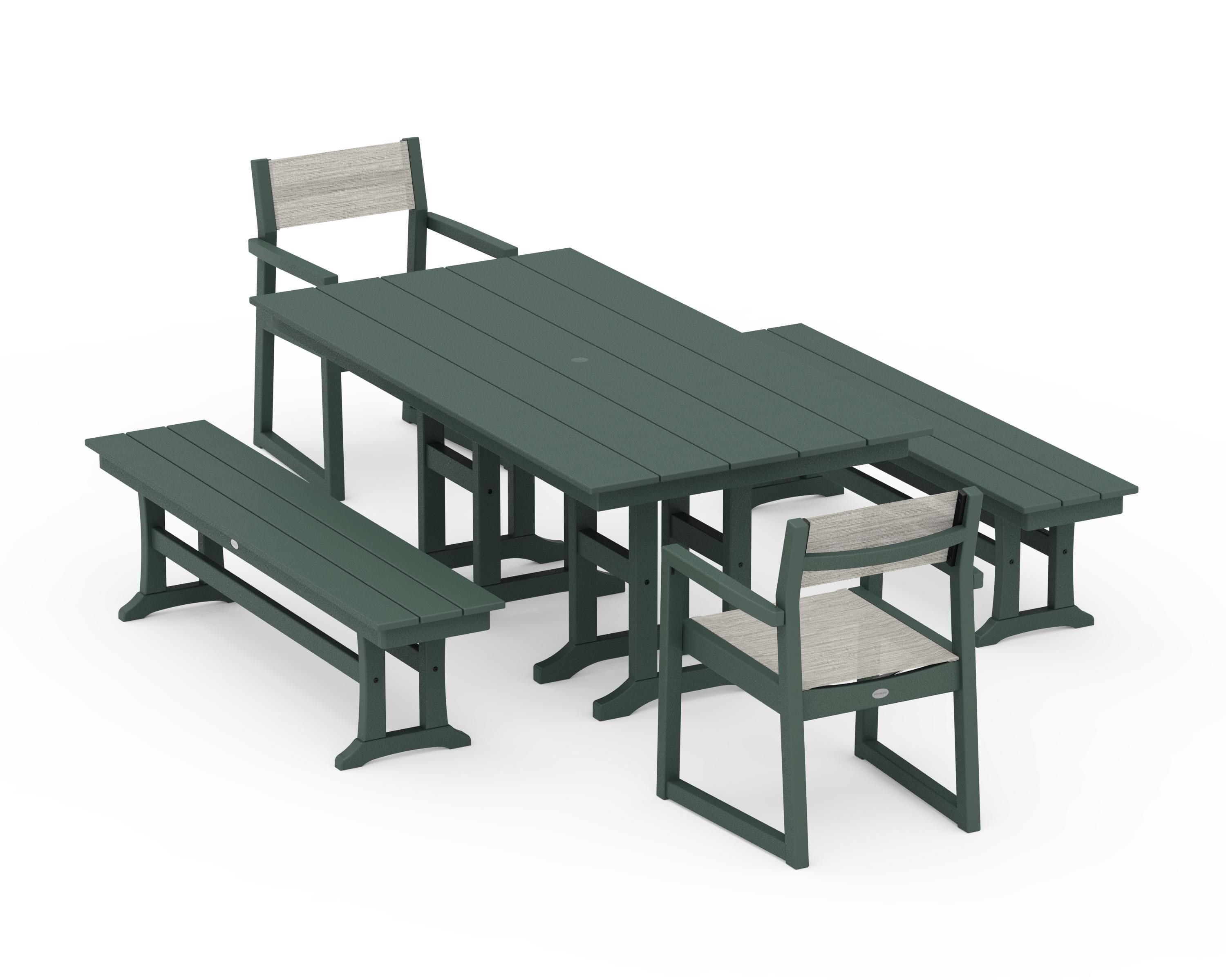 POLYWOOD® EDGE Sling Arm Chair 5-Piece Farmhouse Dining Set with Benches in Green / Birch Sling