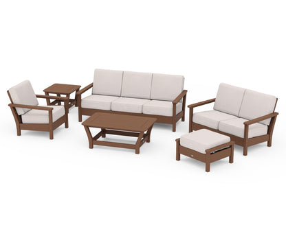 POLYWOOD® Harbour 6-Piece Outdoor Living Set in Teak / Dune Burlap