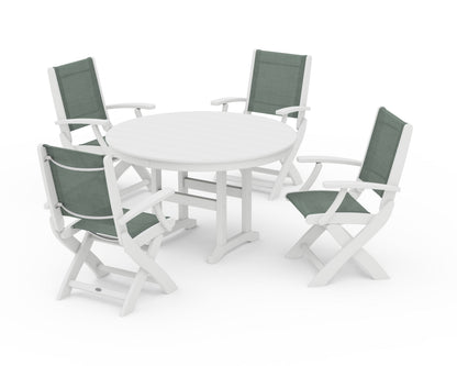 POLYWOOD® Coastal Folding Chair 5-Piece Round Dining Set in White / Dupioni Sea Mist Sling